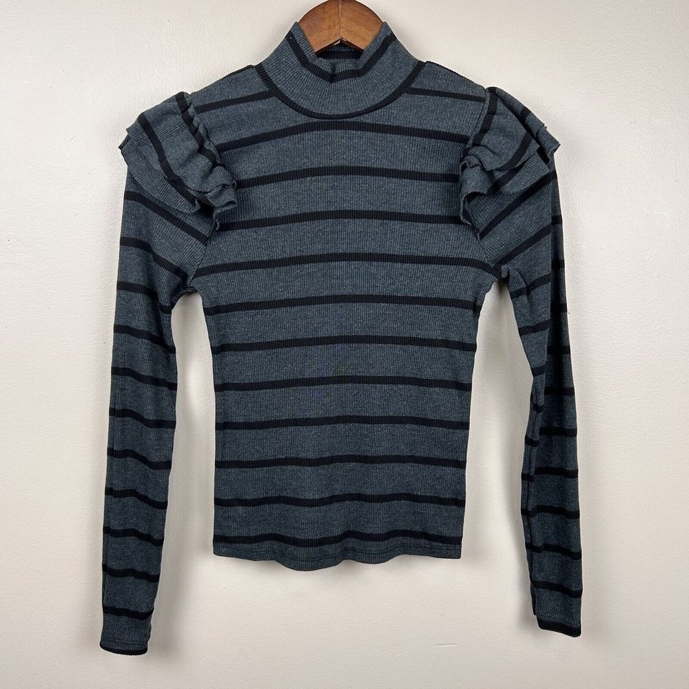 T.La Anthropologie Top Women XSP Green Striped Flutter Sleeve Cotton Knit Ribbed